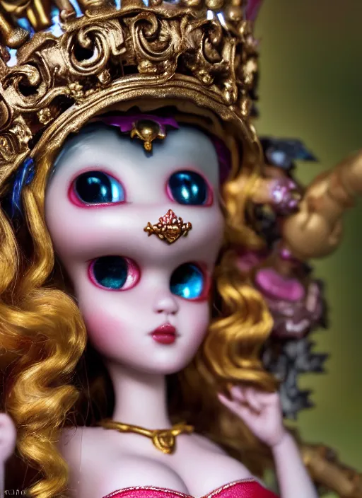 Image similar to highly detailed closeup, profile portrait of a tin toy goth fairytale princess wearing a crown, bikini, unreal engine, nicoletta ceccoli, mark ryden, earl norem, lostfish, global illumination, detailed and intricate environment