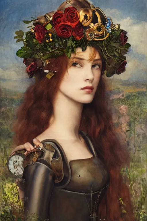 Image similar to portrait of a beautiful young cyborg woman with a big steampunk flower crown, Pre-Raphaelite