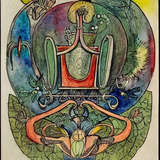 Image similar to an alchemical illustration drawn and painted by Carl Jung, detailed penciling, watercolor, pen and ink,
