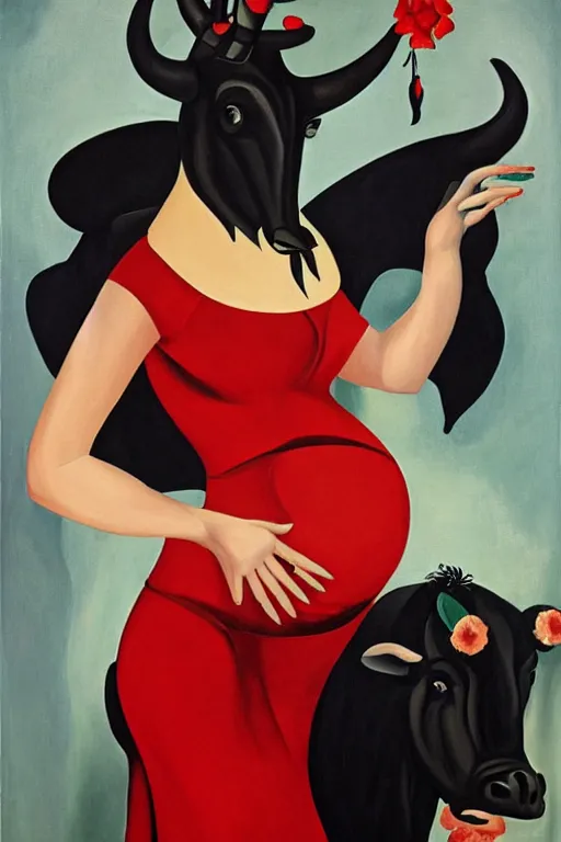 Prompt: highly detailed painting of pregnant flamenco dancer with a black bull head, hooves for hands, wearing red flowers by tamara de lempicka