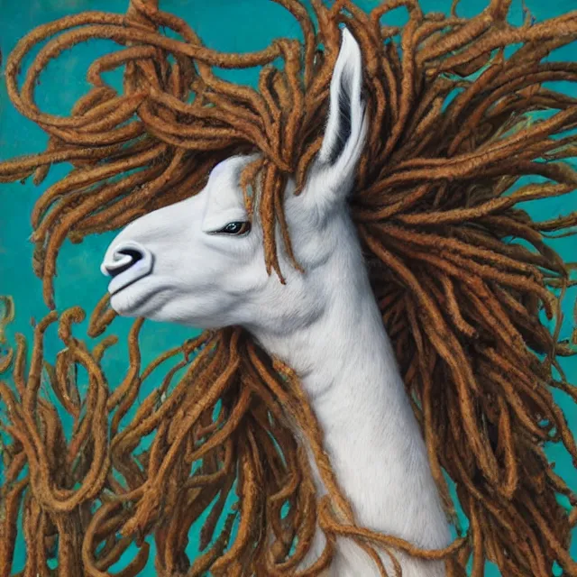 Image similar to llama with dreadlocks, by mandy jurgens, ernst haeckel, patrick caulfield, james jean