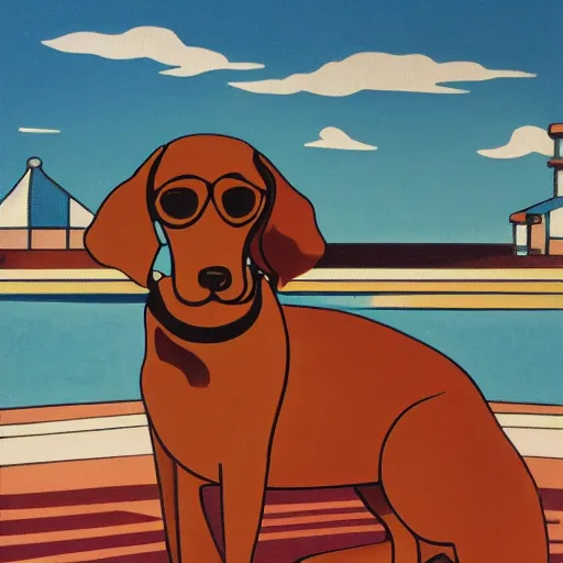 Prompt: a brown dog at the water park, art deco style