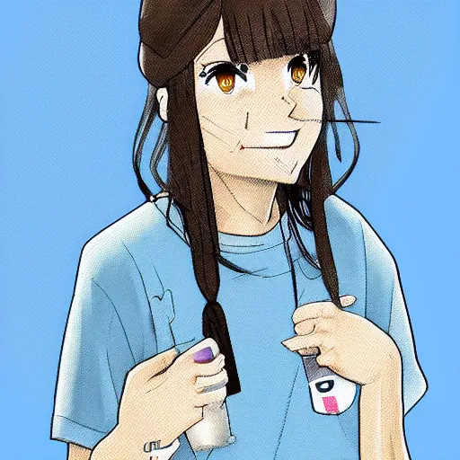 Image similar to hila klein with crooked teeth, recovering from drugs, anime style, digital art, cute, teddy fresh