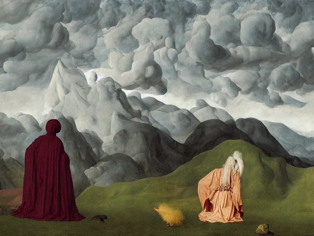 Prompt: albino mystic, with his back turned, looking at a storm over over the mountains in the distance, with the evolution of life, exotic bird, reptile, mammal. Painting by Jan van Eyck, Audubon, Rene Magritte, Agnes Pelton, Max Ernst, Walton Ford