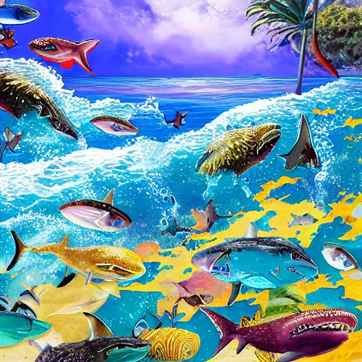 Image similar to ocean shark oasis mountain maori travel, digital art, highly detailted,