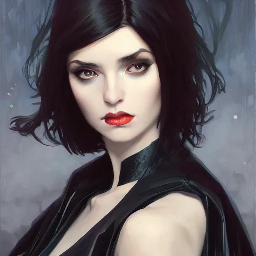 Image similar to oil painting of evil grumpy dark haired women, cameraflash portrait by ilya kuvshinov, artgerm, alphonse mucha, and greg rutkowski, wearing black coat, black makeup, ice mage, shooting ice, fantasy artwork, fantastic artwork, 4 k, trending on artstation
