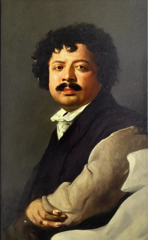 Image similar to Portrait of Alexandre Dumas, oil on canvas, highly detailed, by Delacroix, 8k