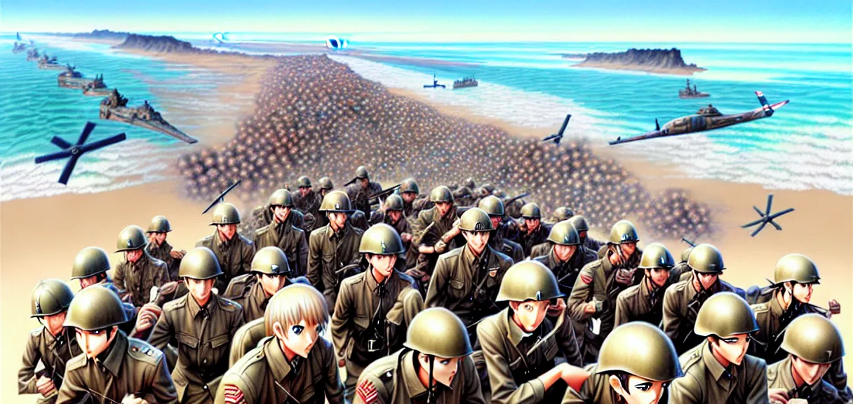 Image similar to richly detailed colored pencil 3D illustration of the battle of Omaha Beach, art by Range Murata and Artgerm.