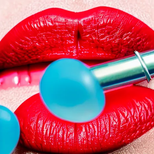 Image similar to extreme close up of a woman's lips wearing red lipstick, iridescent lollipop
