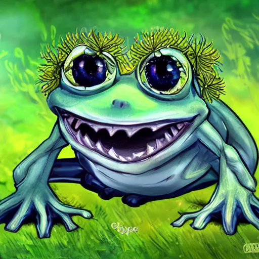 Prompt: Dandelion frog monster, semi realistic, anime art style, trending on art station