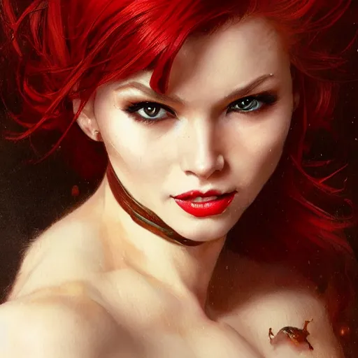 Image similar to highly detailed closeup portrait of beautiful cat woman with red hair, very detailed, realistic, card, by Stanley Artgerm Lau, greg rutkowski, thomas kindkade, alphonse mucha, loish, norman rockwell J.