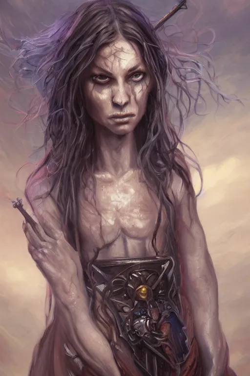 Prompt: a full body high detail fantasy portrait oil painting illustration of a necromancer by justin sweet with face and body clearly visible, flowing hair, high cheekbones, in a scenic background, pretty eyes, realistic proportions, d & d, rpg, forgotten realms, artstation trending, high quality, sombre mood, artstation trending, muted colours, entire person visible!