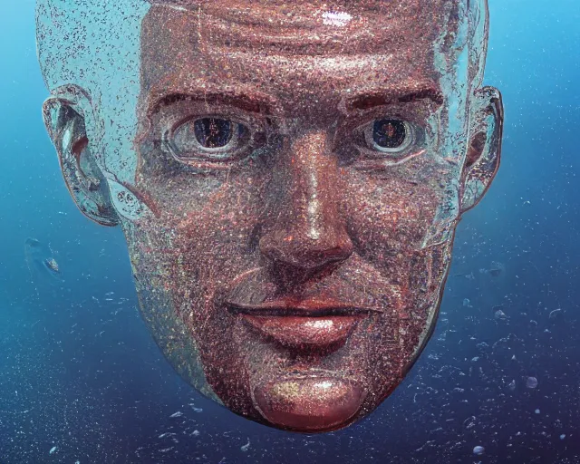 Prompt: a long shot of a giant award winning sculpture of a human head made out transparent jelly, on the surface of the ocean, in the style of chad knight, hyper detailed, hyper realistic, ray tracing, 8 k resolution, sharp focus, realistic water