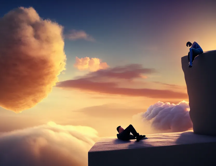 Prompt: a man sleeping on top of a cloud, morning sunrise, digital art, concept, radiant light, soft highlights, smooth render, unreal engine render