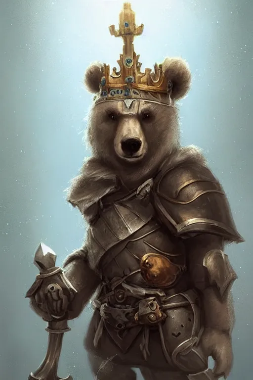 Image similar to cute little anthropomorphic bear knight wearing a cape and a crown, tiny, small, miniature bear, baby animal, short, pale blue armor, cute and adorable, pretty, beautiful, DnD character art portrait, matte fantasy painting, DeviantArt Artstation, by Jason Felix by Steve Argyle by Tyler Jacobson by Peter Mohrbacher, cinematic lighting