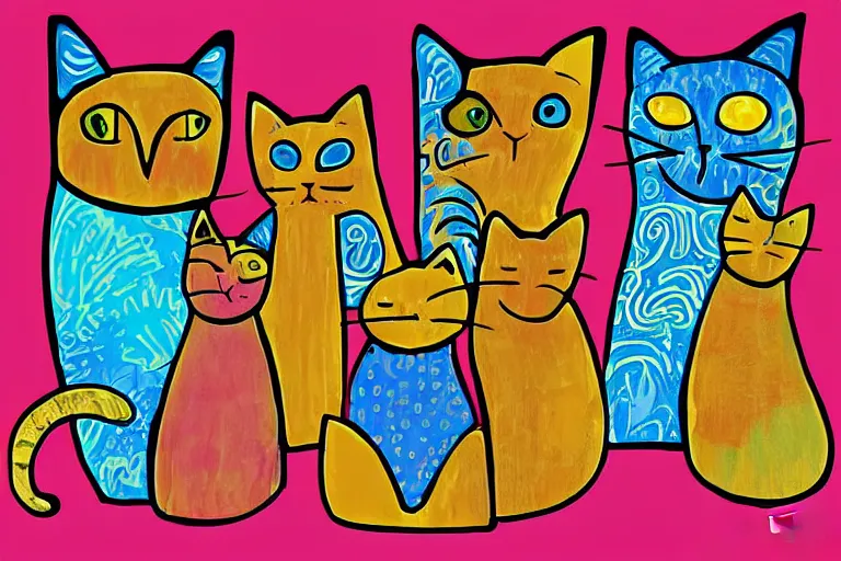 Image similar to beautiful art illustration of a group of cat by laurel burch