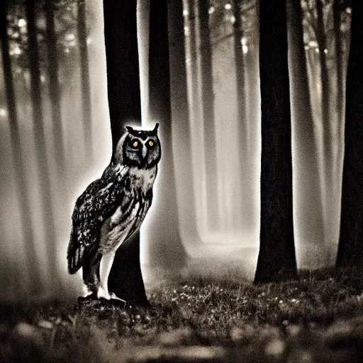 Image similar to mixture between an! owl and wolf, photograph captured in a dark forest