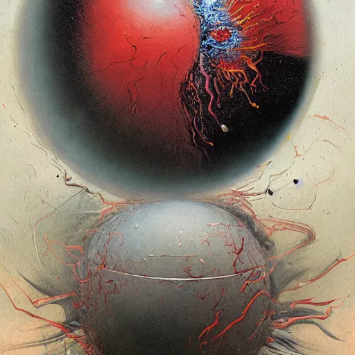 Image similar to a sphere being devoured by abstract splatters of paint in the style of francis bacon, venus being engulfed in flames in the style of james jean, surreal, beksinski, high detailed