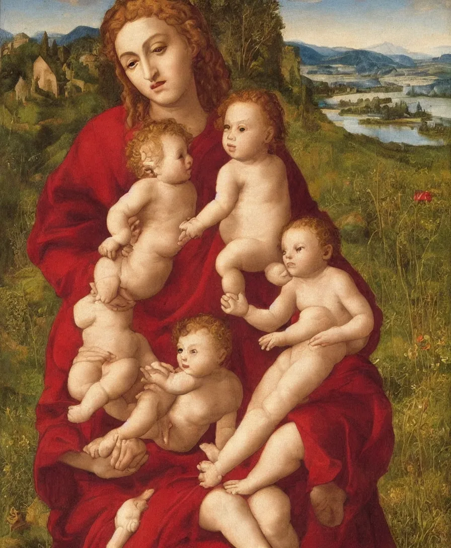 Prompt: Detailed Portrait of Madonna with infant Jesus in the style of Raffael. Curly red hair. They are sitting in a dried out meadow near Florence, red poppy in the field. Playing with a cross On the horizon, there is a lake with a town and mountains. Flat perspective.