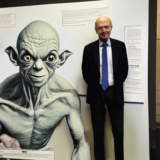 Prompt: president gollum standing in front of a poster with an image of the one ring