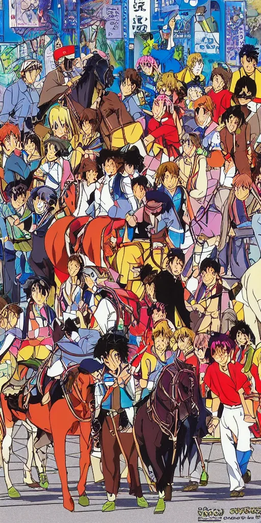 Prompt: a chariot drawn by horses in tokyo, 1990s anime, full color,