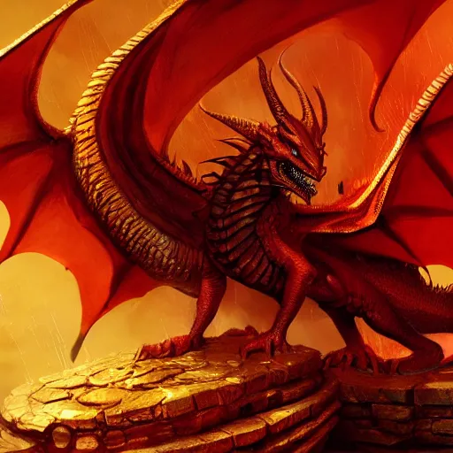 Prompt: red dragon sitting on a hoard of gold, fantasy, dnd, art by greg rutkowski