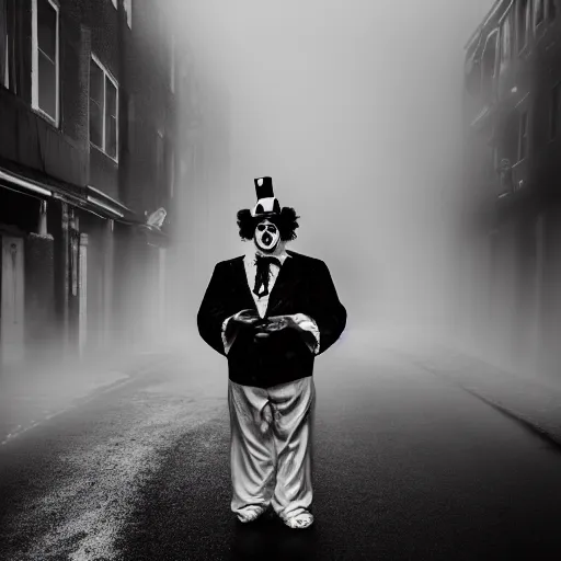 Image similar to an old black & white 5 0 mm close up portrait of a man dressed up as a clown holding a playstation controller in a dark foggy alley