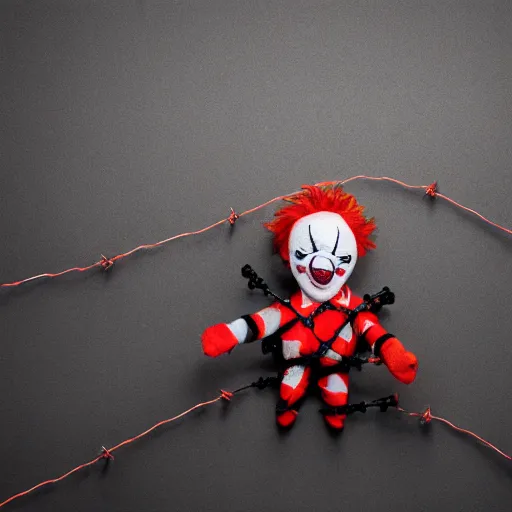 Prompt: freaky scary clown plush wrapped in barbed wire and networking cables against a dark grey silk backdrop