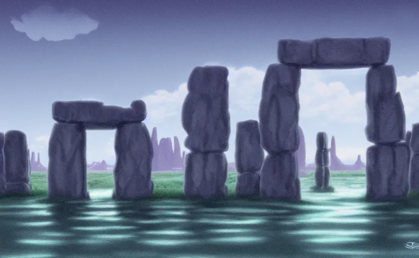 Image similar to a cell - shaded studio ghibli concept art study of a square dimensional portal doorway in a flooded monument valley stonehenge on a misty starry night. water is flowing out of the portal. very dull colors, hd, 4 k, hq