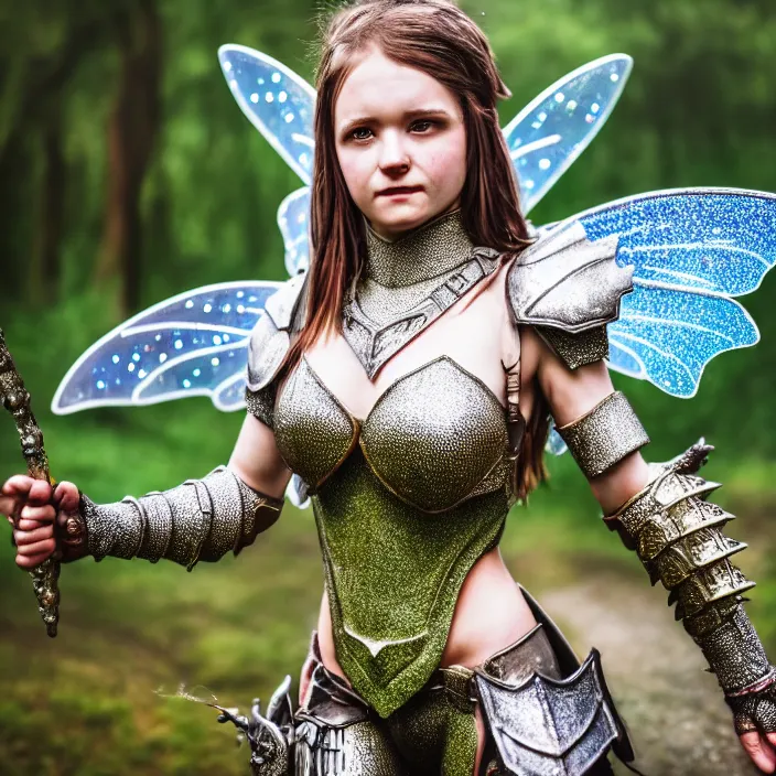 Image similar to full body photo of a fairy warrior wearing sparkly armour, highly detailed, 4 k, hdr, smooth, sharp focus, high resolution, award - winning photo