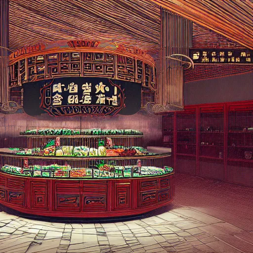 Image similar to a beautiful hyperdetailed interior render of roasted string hotpot elementary small shop, from china, with merchant logo, simply style, fine delicate structure, chinese style, victo ngai, 4 k hd