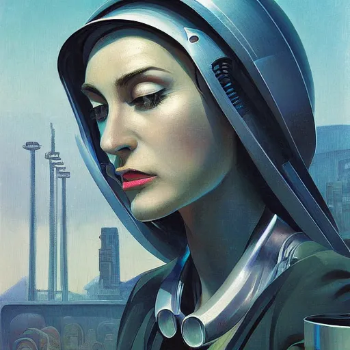 Image similar to detailed face of a woman, clockwork, moment, tectonic sky, skydome, bullet train, turbines, utopian, tech noir, wet reflections, prism, atmospheric, ambient, pj crook, syd mead, livia prima, greg rutkowski, emma uber, edward hopper