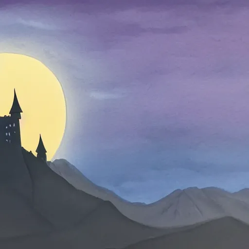 Image similar to highly detailed, silhouette of a castle on misty mountains, beautiful, calm, full moon, gouache painting