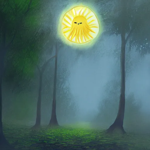 Image similar to upside down sun with trees coming out of it and enveloping it entirely, realistic, digital drawing, trending on ArtStation