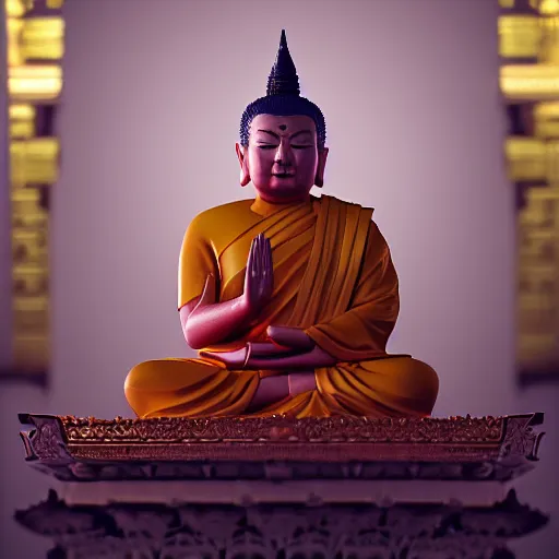 Image similar to a high detail shot of Donald Trump meditating in a Buddhist Temple, render, cgsociety, photorealism