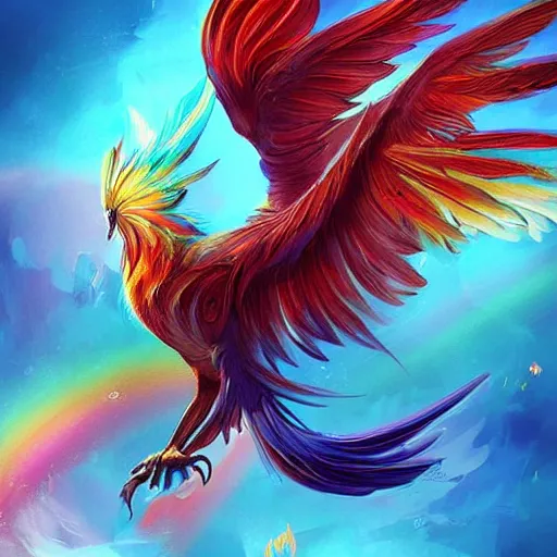 Image similar to stylized cute flying chinese phoenix, sparkling bird eyes, embers surrounding her wings, shining rainbow feathers, smooth features, feathers on fire, stylized art, digital painting, artstation, concept art, smooth, soft focus, beautiful rainbow colors, illustration, chinese phoenix art by Artgerm and greg rutkowski