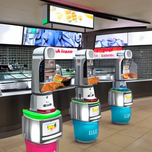 Image similar to futuristic fast food store robots