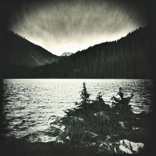 Image similar to lake lake, mountains, dark, dangerous, trees, low light, horror, atmospheric, vintage photography, film