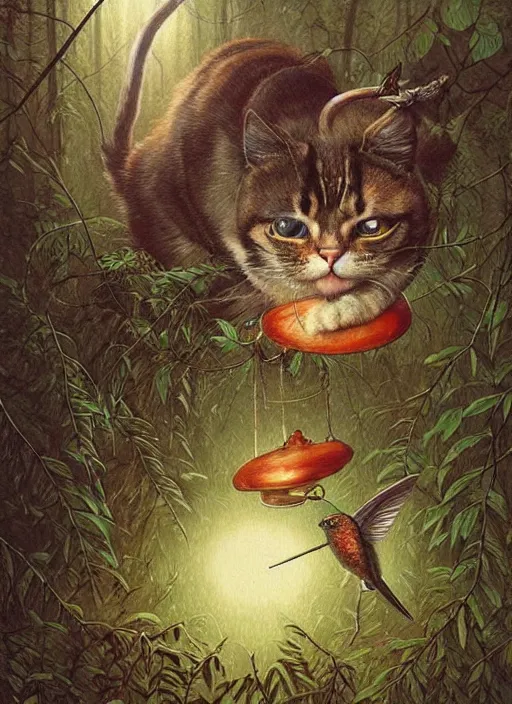 Image similar to a hyper realistic illustrated cat with playing with a hummingbird on its paw in the woods gorgeous lighting, lush forest foliage painting by chiara bautista and beksinski and norman rockwell and greg rutkowski weta studio, and lucasfilm