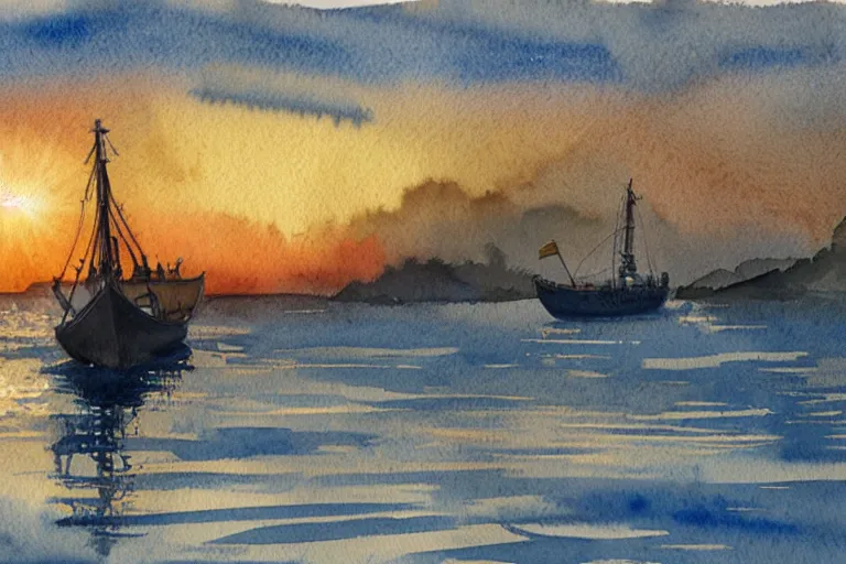 Image similar to Watercolor illustration of a viking ship against the sunset