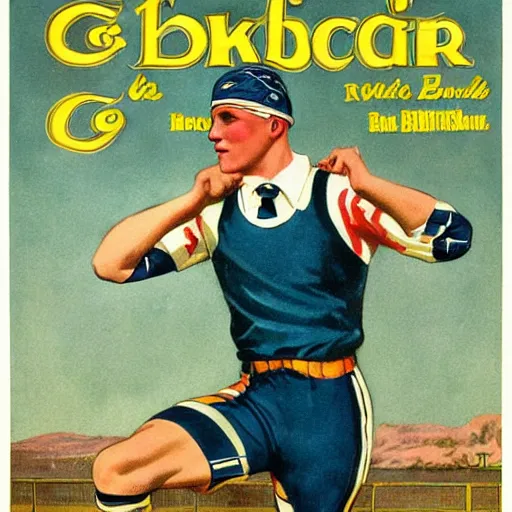 Image similar to 1920s magazine advertisement featuring a handsome blonde rugby player in a running pose, rugby ball in the crook of his arm, full color painting by J.C. Leyendecker