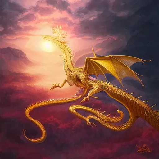 Prompt: golden queen dragon from Dragonriders of Pern, flying through sunset, art, fantasy, intricate, elegant, highly detailed, digital painting, trending on artstation, concept art, smooth, sharp focus, hyperrealistic, illustration, art by Loish and WLOP