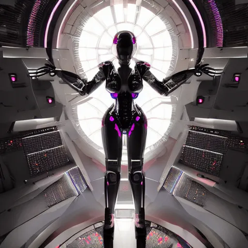 Image similar to ultra realist soft painting render of the inside of a futuristic nightclub, beautiful cyberwear armored cyborg dancer, symmetry accurate features, very intricate details, black white red purple color palette, masterpiece award winning, cinematic lighting, focus, tom bagshaw artstyle