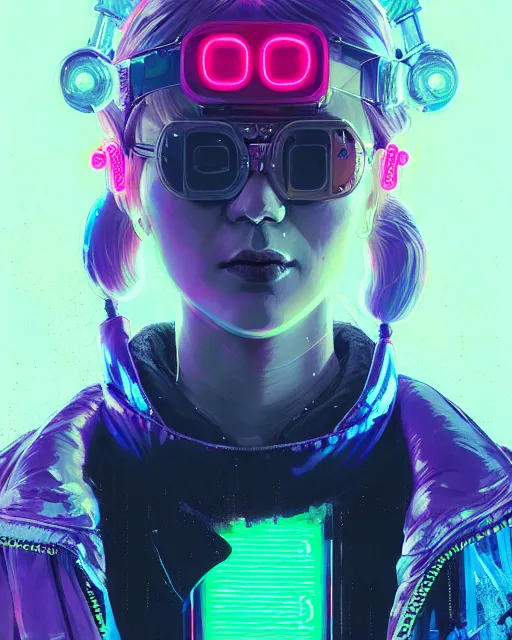 Prompt: detailed portrait neon operator lady, blonde pigtails hair, cyberpunk futuristic, neon, reflective puffy coat, decorated with traditional japanese by ismail inceoglu dragan bibin hans thoma greg rutkowski alexandros pyromallis nekro rene margitte, illustrated, perfect face, fine details, realistic shaded, fine - face, pretty face