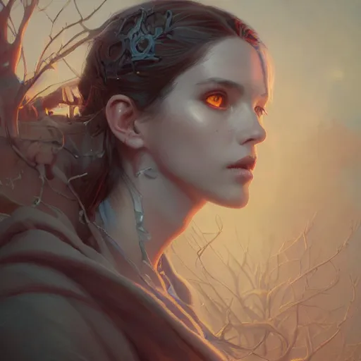 Prompt: Highly detailed necrotic portrait of a young woman, Stephen Bliss, unreal engine, fantasy art by Greg Rutkowski, Loish, Rhads, Makoto Shinkai and Lois van baarle, ilya kuvshinov, rossdraws, Tom Bagshaw, global illumination, radiant light, detailed and intricate environment