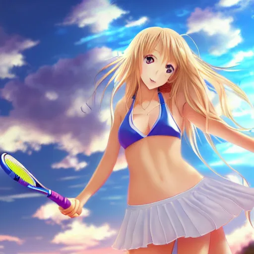 Image similar to a very beautiful young anime tennis girl, full body, long wavy blond hair, sky blue eyes, full round face,, bikini, miniskirt, front view, mid - shot, highly detailed, cinematic wallpaper by stanley artgerm lau