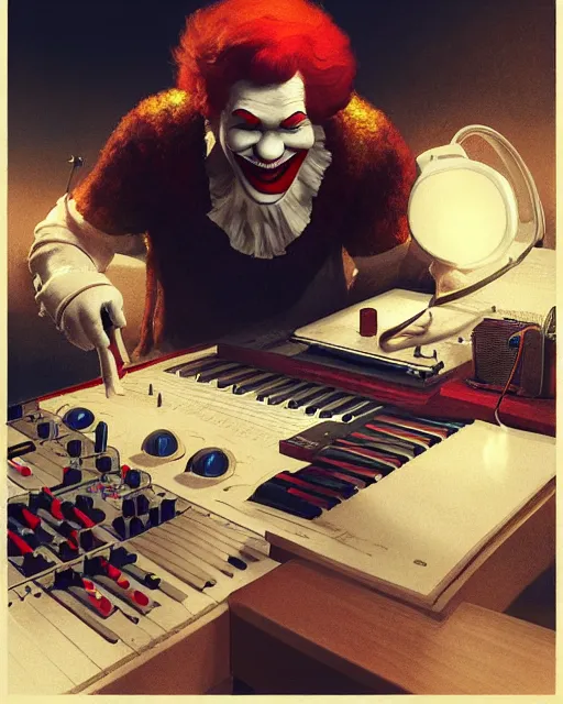 Prompt: ronald mcdonald with headphones at his home studio producing music late at night, very detailed, 4 k, concept art like ernest khalimov, intricate details, highly detailed by greg rutkowski, ilya kuvshinov, gaston bussiere, craig mullins, simon bisley
