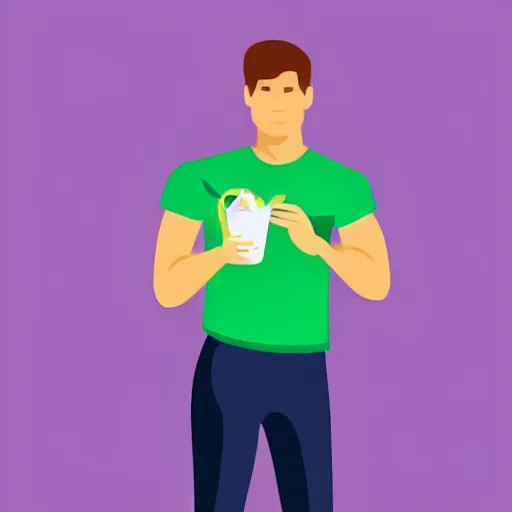 Prompt: male athlete with green smoothie in hand in the style of kurzgesagt