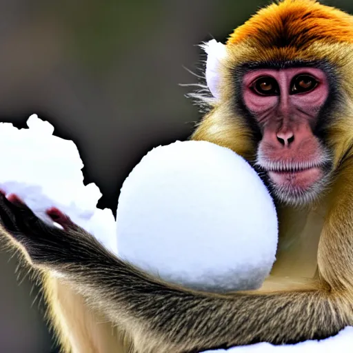 Image similar to beatiful photograph of monkey sitting in the center of the image whilst holding a snowball in its arms