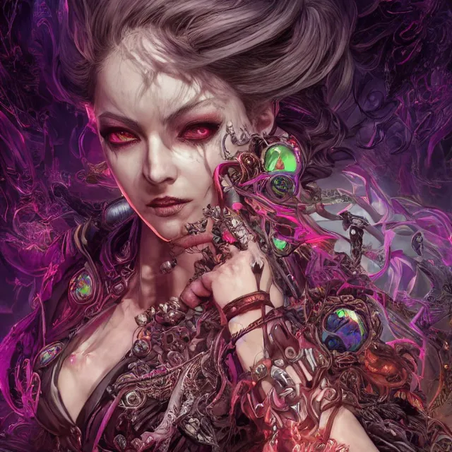 Image similar to the portrait of chaotic evil female necromancer overlord as absurdly beautiful, gorgeous, elegant, sadistic young woman, an ultrafine hyperdetailed illustration by kim jung gi, irakli nadar, intricate linework, bright colors, octopath traveler, final fantasy, unreal engine 5 highly rendered, global illumination, radiant light, detailed and intricate environment